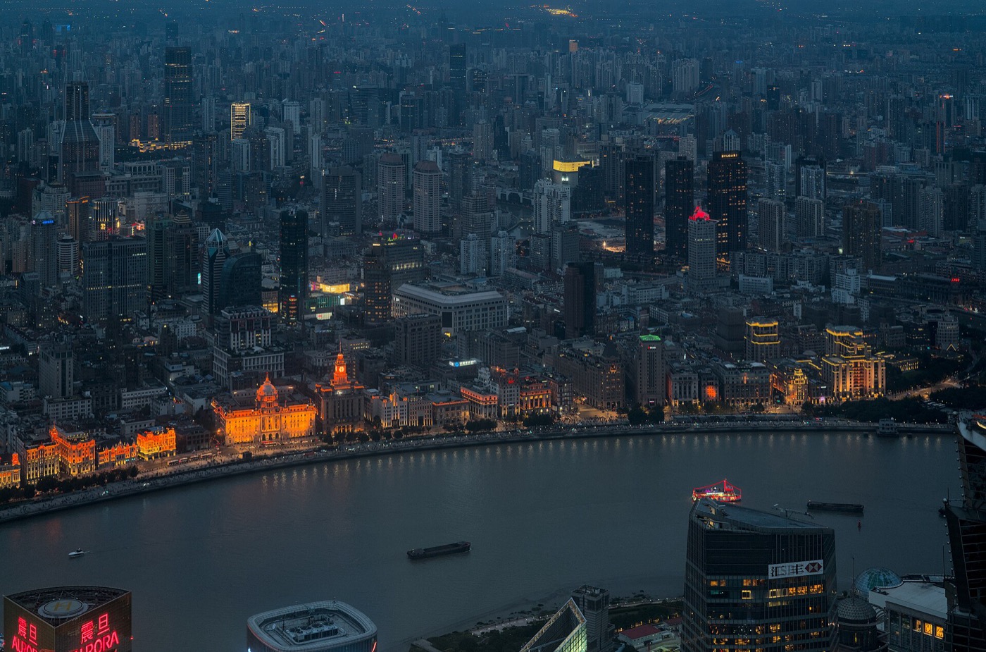 Blue-hour view of the Bund and Shanghai skyline.