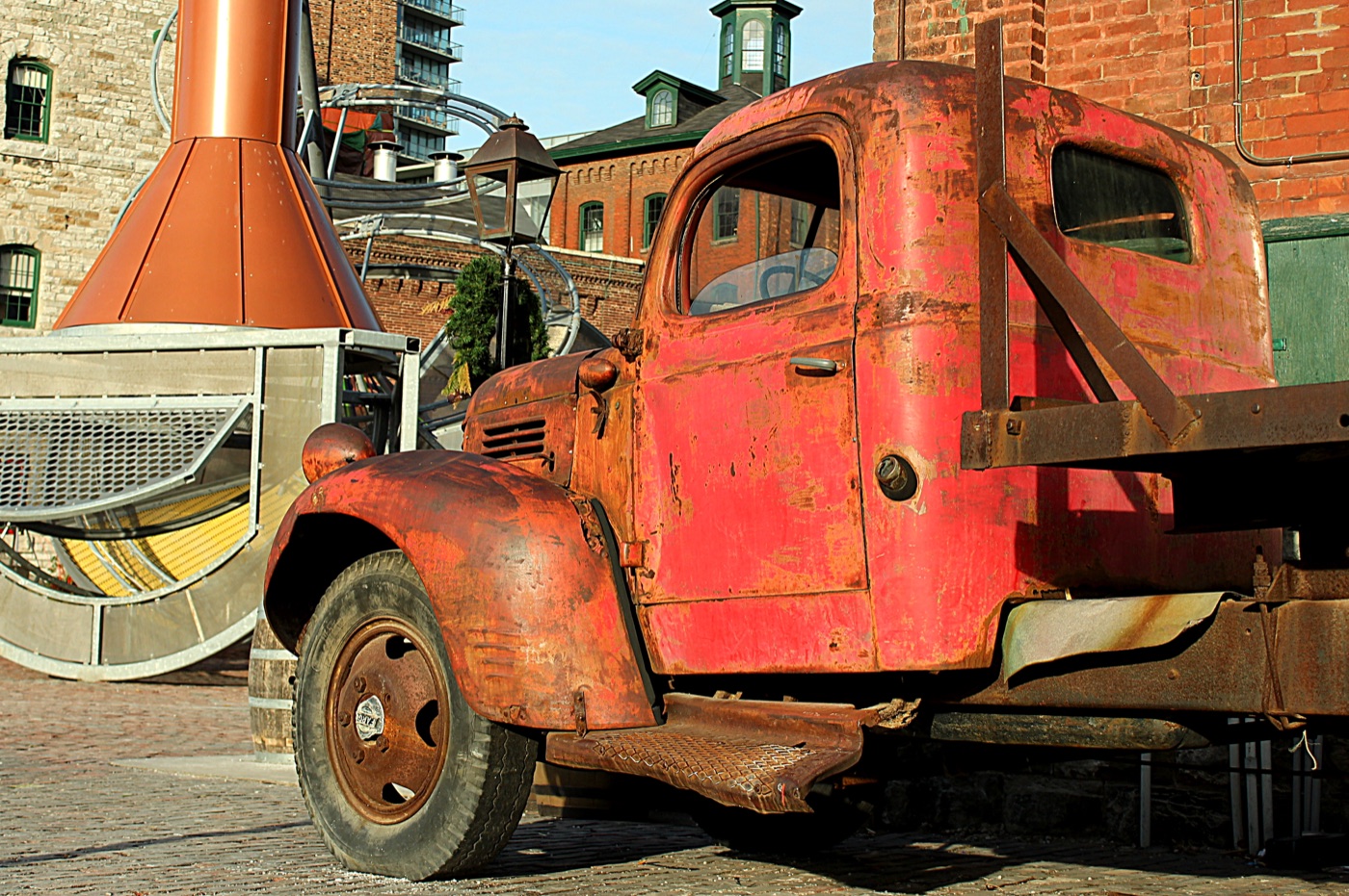 Red brick and vintage truck in Toronto's Distillery District