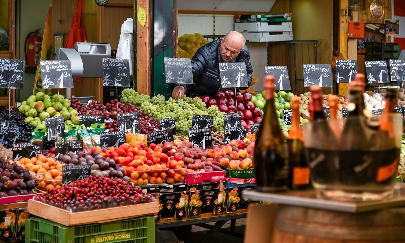 Market stalls at Vienna Naschmarkt.