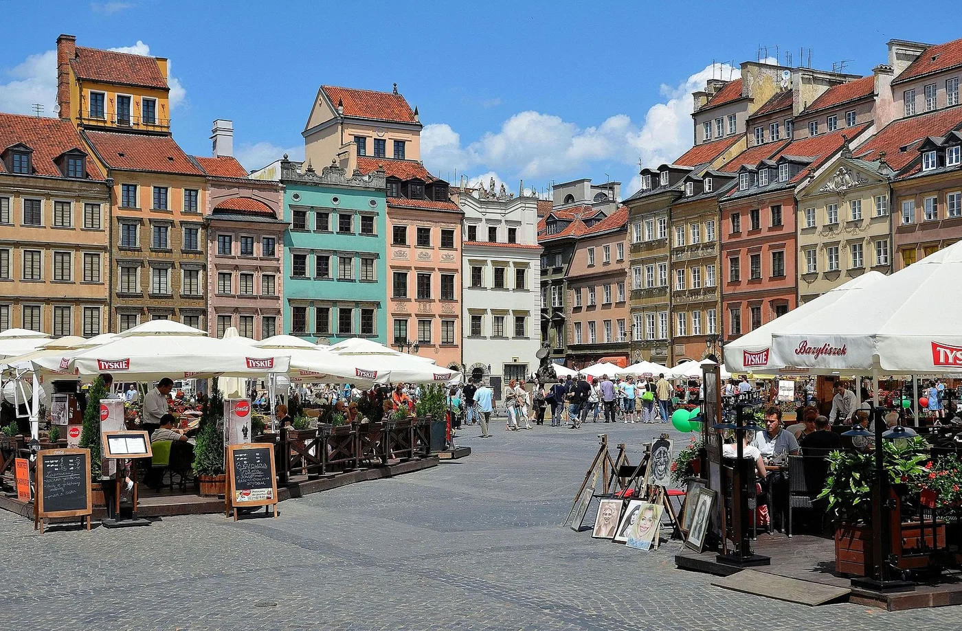 Reconstructed historic façades at Warsaw Old Town Market Square