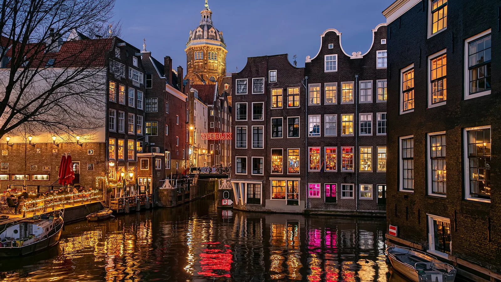 Amsterdam canal houses at blue hour